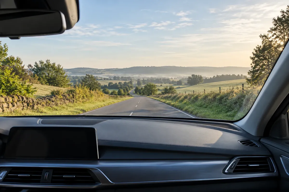 Illustration d’une route de campagne vue à travers un pare-brise dégagé